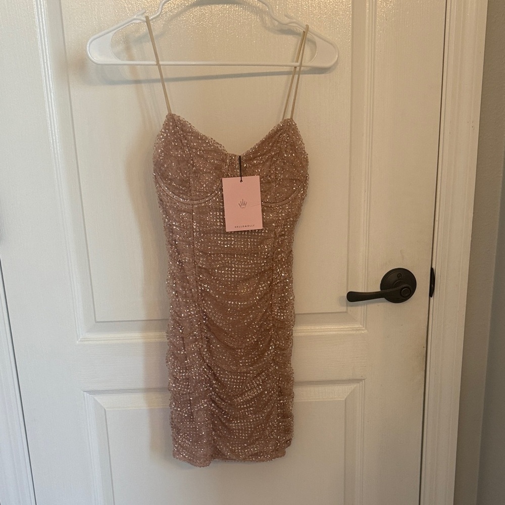 Hello Molly Beaded Tan Mini Dress